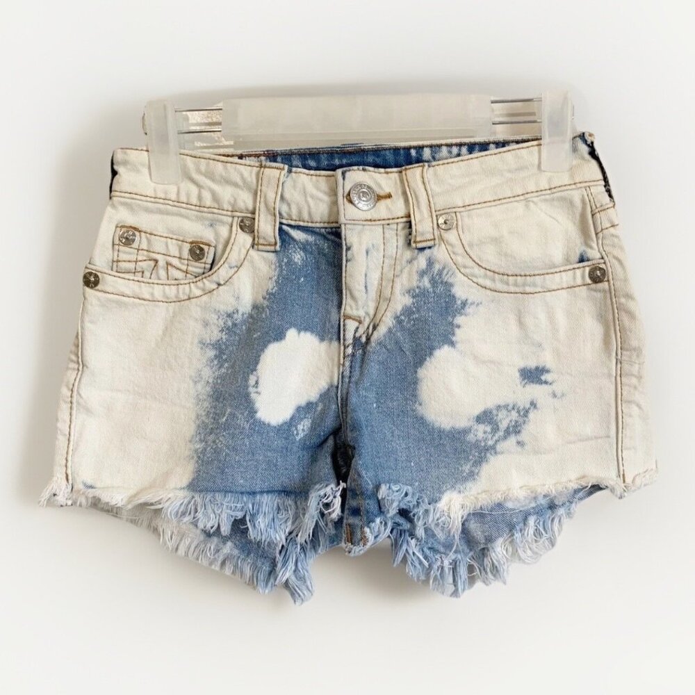 True Religion Blue and White Distressed Tie-Dye Denim Shorts